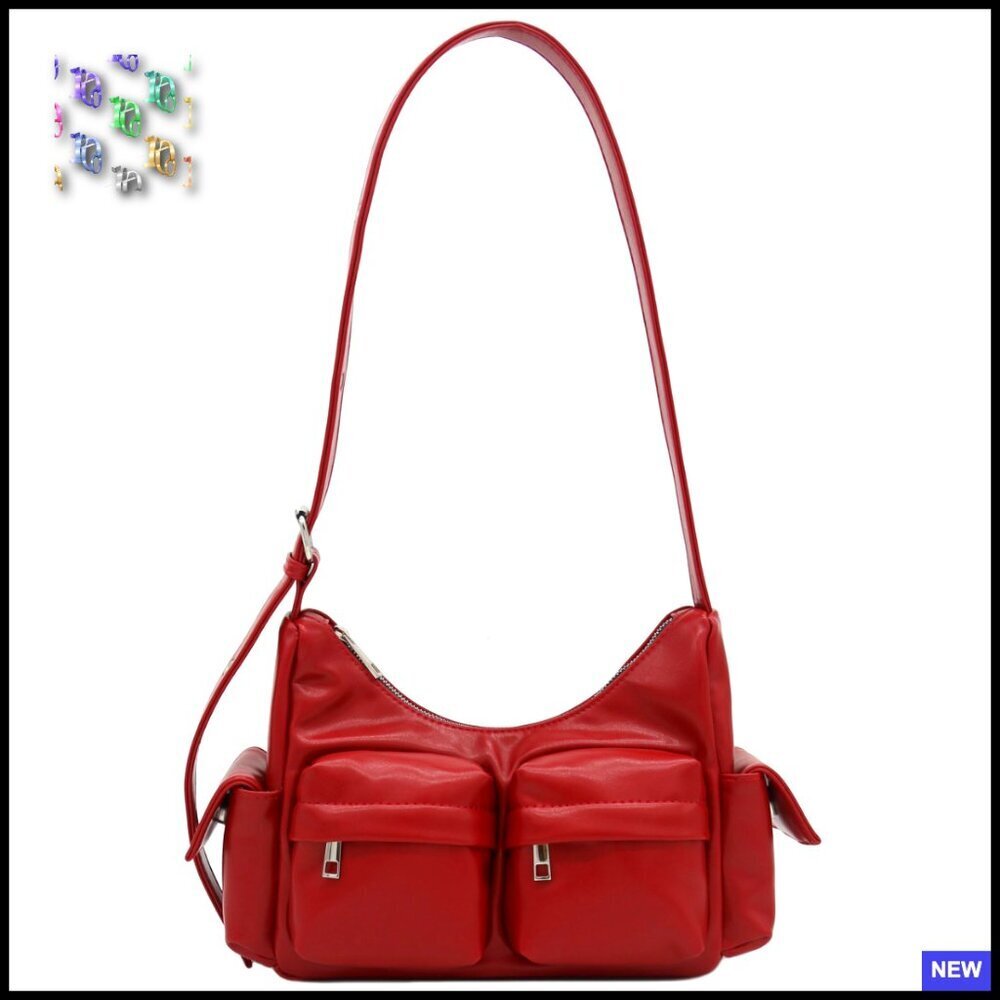 Glossy Faux Leather Hobo Shoulder Bag Multi Pocket Adjustable Strap Chic